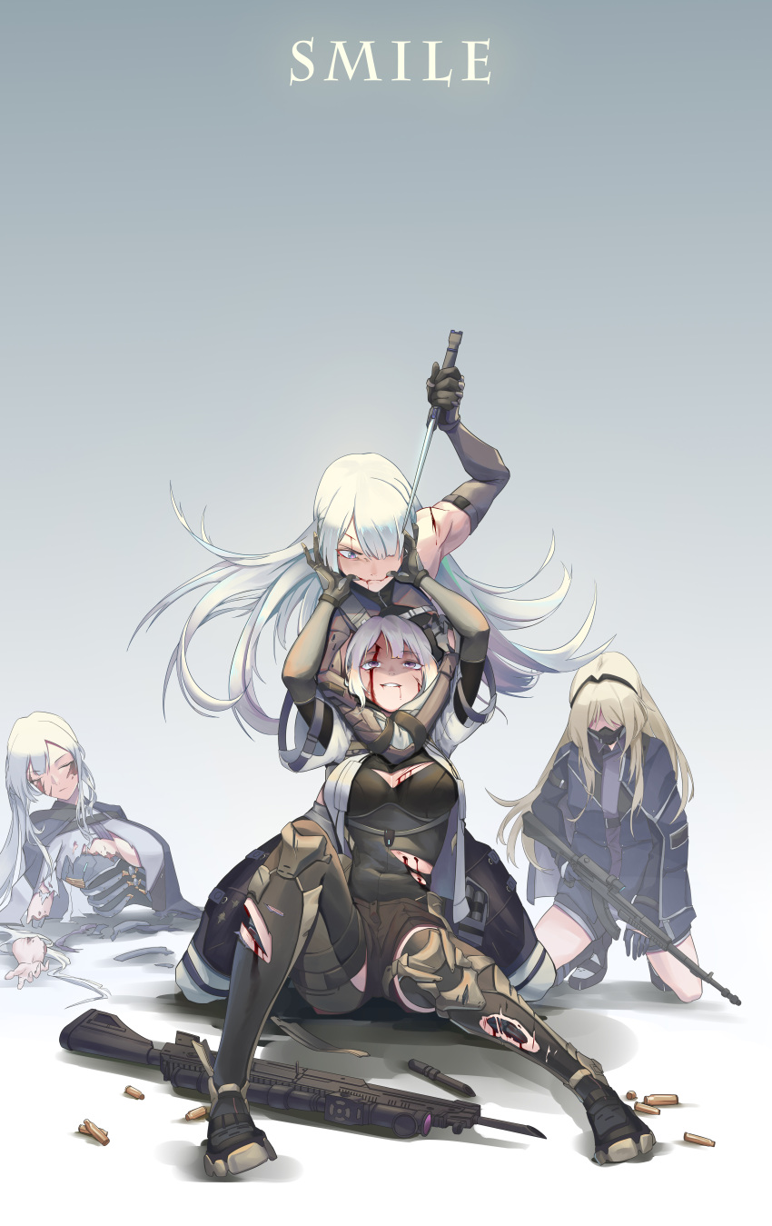 4girls absurdres ak-12_(girls'_frontline) ak-15_(girls'_frontline) an-94 an-94_(girls'_frontline) android assault_rifle blonde_hair blood breasts broken choke_hold cy9 deep_wound defy_(girls'_frontline) girls'_frontline grey_hair grin gun highres injury knife light_machine_gun long_hair medium_breasts multiple_girls purple_eyes rifle rpk-16 rpk-16_(girls'_frontline) short_hair smile spoilers strangling very_long_hair weapon white_hair