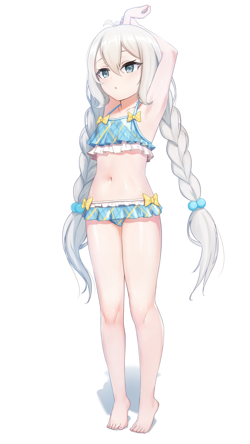 absurdres armpits arms_up barefoot bikini bikini_skirt bow bow_bikini braid female frilled_bikini frills full_body grey_eyes hair_bobbles hair_ornament hanba_rou highres kokkoro_(princess_connect!) kokkoro_(real)_(princess_connect!) legs long_hair nail_polish navel parted_lips plaid plaid_bikini princess_connect! solo stretching swimsuit tiptoes toenail_polish toenails toes twin_braids very_long_hair white_background white_hair