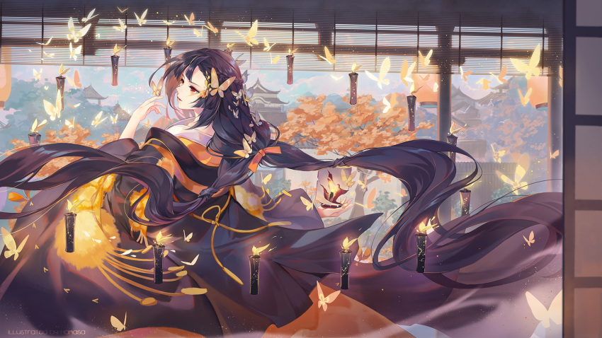 black_hair butterfly criin_(659503) fire japanese_clothes kimono long_hair magic original red_eyes watermark