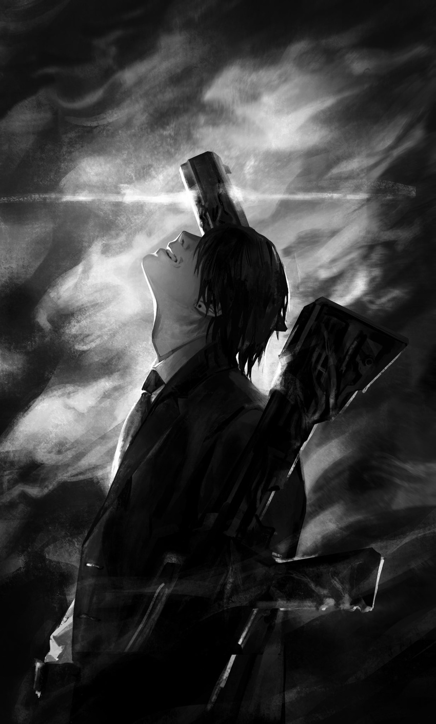 1boy assault_rifle battle_rifle black_jacket black_necktie black_suit business_suit chainsaw_man dark_background ear_piercing earrings formal greyscale gun gun_fiend_(chainsaw_man) hair_down hair_over_eyes handgun hayakawa_aki highres jacket jewelry looking_up m14 male_focus monochrome necktie piercing rifle seki_(fyfyfy) smile spoilers stud_earrings suit weapon