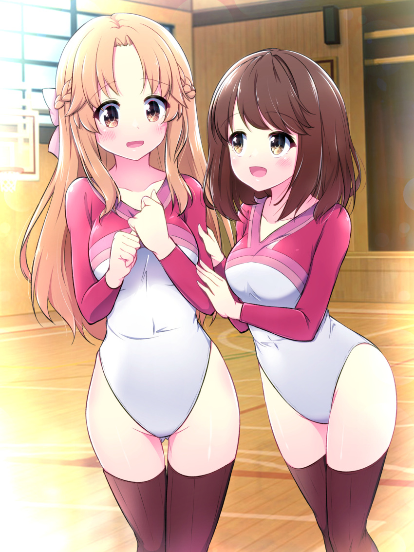 2girls athletic_leotard blonde_hair braid breasts brown_eyes brown_hair brown_legwear commentary commission french_braid girlfriend_(kari) gym gymnastics hazumi_otoya highleg highleg_leotard highres indoors leotard long_hair matching_outfits medium_breasts multiple_girls pixiv_commission ribbed_legwear ribbed_thighhighs sasahara_nonoka shiina_kokomi short_hair smile thighhighs