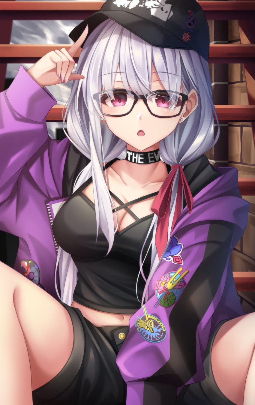 absurdres arm_up baseball_cap between_legs black-framed_eyewear black_choker black_hat black_shirt black_shorts breasts choker cleavage commentary fate/grand_order fate_(series) female glasses hat highres index_finger_raised jacket kama_(fate) kama_(tour_outfit)_(fate) large_breasts long_hair long_sleeves looking_at_viewer low_twintails midriff navel open_clothes open_jacket open_mouth pink_eyes purple_jacket shirt short_shorts shorts sitting solo tsukasa_tsubasa twintails white_hair