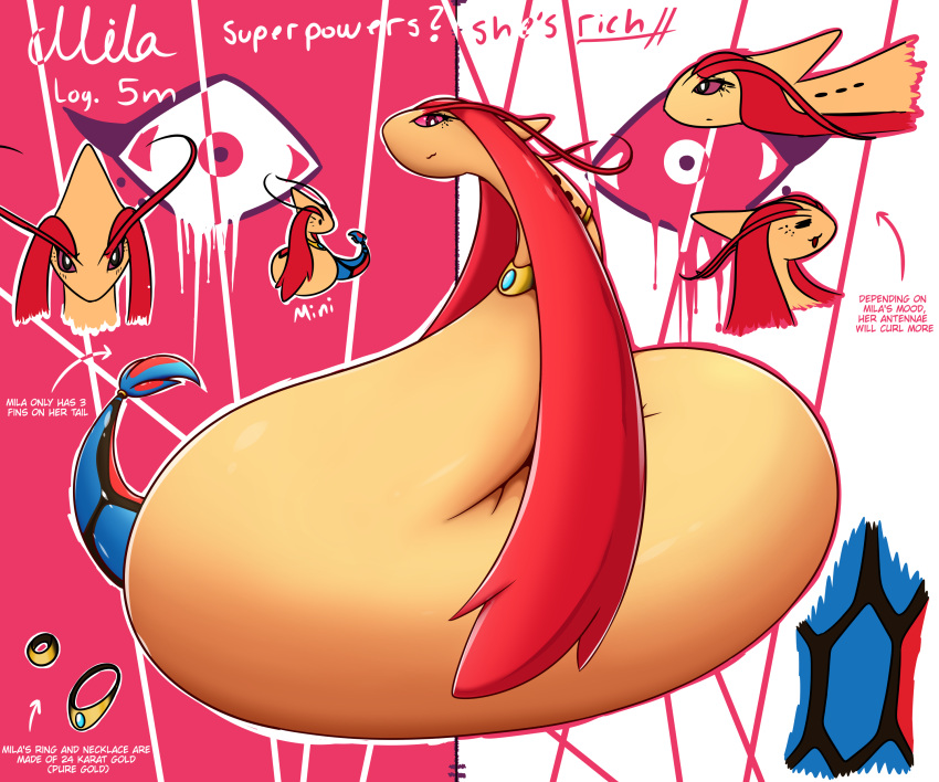 6:5 absurd_res character_name digital_media_(artwork) english_text fan_character female feral generation_3_pokemon hi_res marine mila_(president_alexander) milotic model_sheet nintendo pokemon pokemon_(species) presialexander reptile scalie solo text