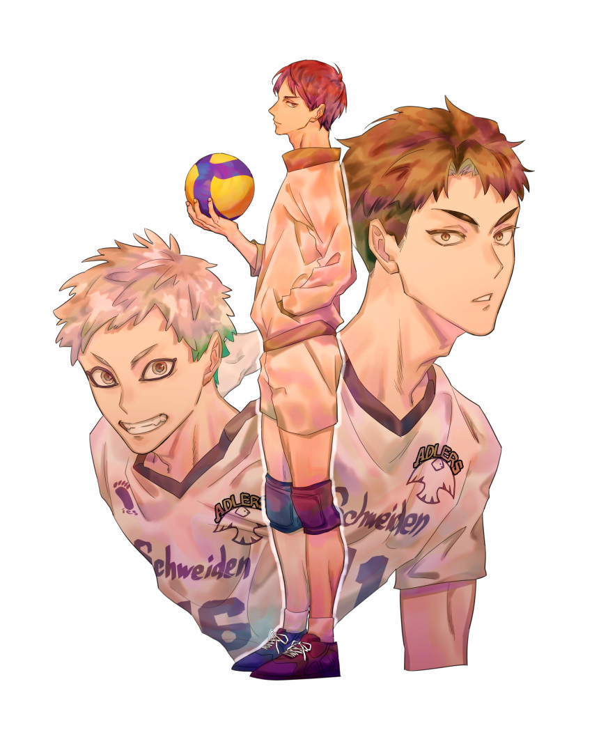 3boys absurdres aged_up bad_id bad_twitter_id ball black_hair brown_hair grey_hair grin haikyuu!! hand_in_pocket highres holding holding_ball hoshiumi_kourai jacket kageyama_tobio looking_at_viewer male_focus multiple_boys outline parted_lips profile shiraumi8351 shoes simple_background smile sneakers sportswear standing teeth ushijima_wakatoshi volleyball_uniform