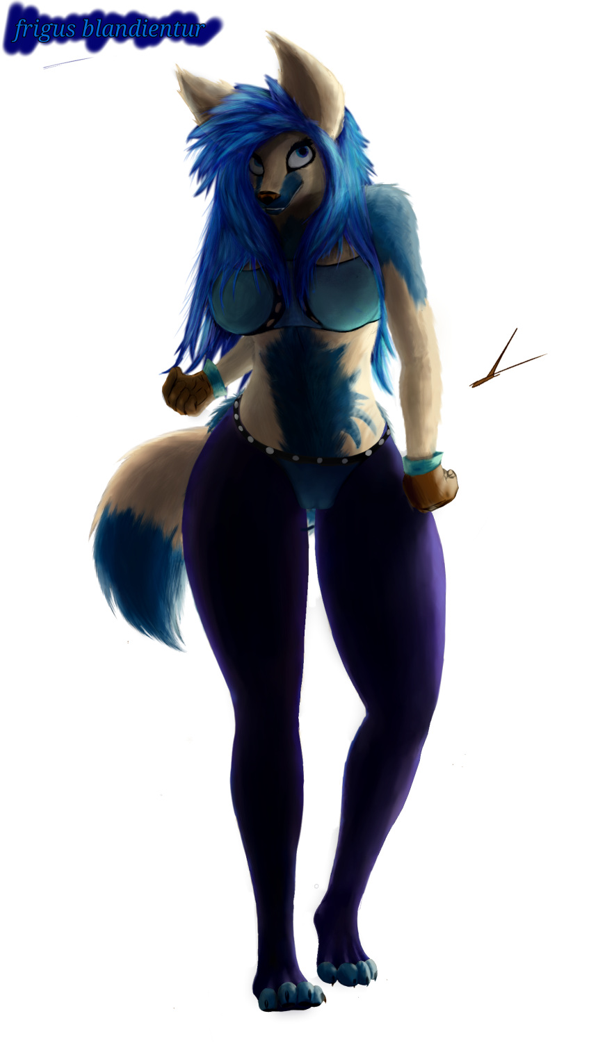 4_toes 5_fingers 9:16 absurd_res alpha_channel andy_234 anthro bent_arm big_ears big_eyes black_nose blue_body blue_bra blue_clothing blue_dipstick_tail blue_eyes blue_fur blue_hair blue_tail blue_underwear bluehairedwolf bra breasts brown_clothing brown_gloves brown_handwear camel_toe canid canine canis claws cleavage clothed clothing contrapposto curvy_figure digital_media_(artwork) digital_painting_(artwork) dipstick_tail eyelashes fangs feet female fingers fist fluffy fluffy_ears fluffy_hair fluffy_tail front_view full-length_portrait fur gloves hair handwear hi_res hourglass_figure leggings legwear lit_from_behind long_hair looking_up makeup mammal markings mascara multicolored_body multicolored_fur paws plantar_flexion portrait pose purple_clothing purple_leggings purple_legwear scene_haircut skimpy skimpy_topwear small_waist snout solo standing tail tail_markings teeth thick_eyelashes thick_thighs thigh_gap tight_clothing tight_legwear toes two_tone_body two_tone_fur two_tone_tail underwear white_body white_fur white_tail wide_hips wolf