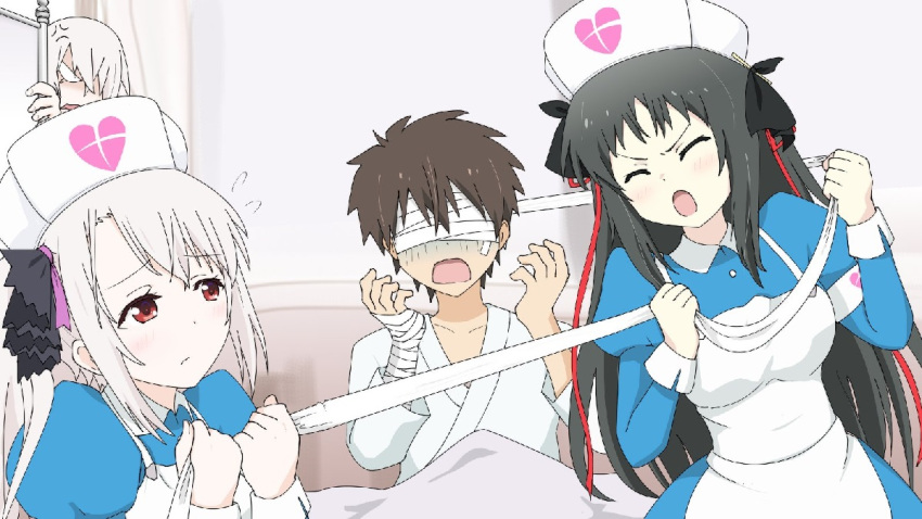 2boys bandages fighting gobanme_no_mayoi_neko machine-doll_wa_kizutsukanai multiple_boys nurse yaya_(machine-doll)