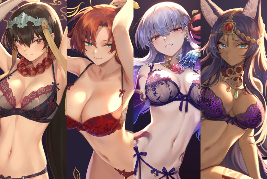 animal_ears black_hair bra cropped fate/grand_order fate_(series) green_eyes kama_(fate/grand_order) long_hair mashu_003 navel nobunaga_oda_(fate) panties purple_hair queen_of_sheba red_eyes red_hair tagme_(character) underwear white_hair