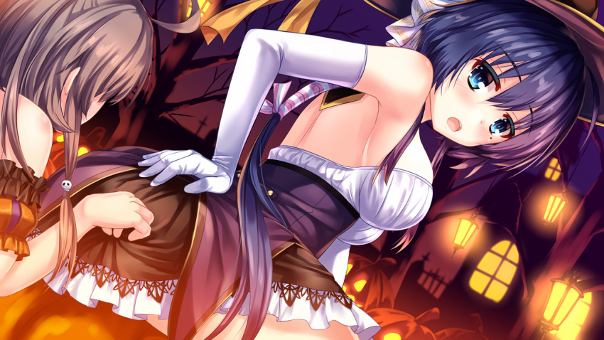 2girls black_eyes blue_eyes blush breasts elbow_gloves gloves halloween kmcgold30 pumpkin setouchi_chie tagme_(character) toji_no_miko