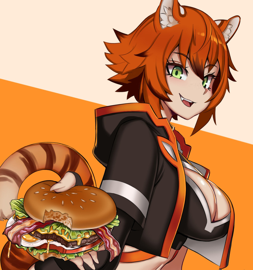 animal_ears black_jacket breasts burger cleavage cropped_jacket english_commentary female fingerless_gloves food gloves green_eyes hair_between_eyes highres holding holding_food indie_virtual_youtuber jacket large_breasts leaning_forward looking_at_viewer navel open_mouth orange_hair shimada_tiger short_hair smile solo standby tail tiger_ears tiger_girl tiger_tail virtual_youtuber