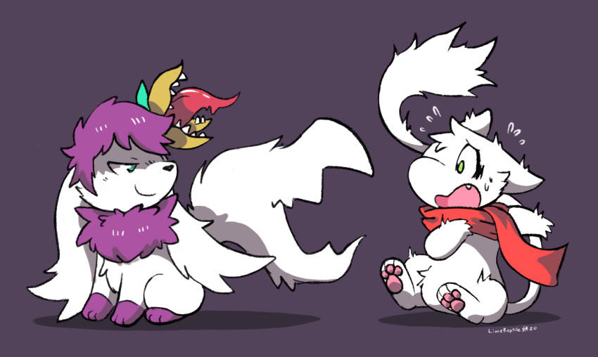 2020 ashley_(shaymin) duo fangs feral flower fur generation_1_pokemon generation_4_pokemon green_eyes hair legendary_pokemon limereptile male mew_(pokemon) nintendo open_mouth plant pokemon pokemon_(species) purple_body purple_fur purple_hair scared scarf shaymin simple_background sky_forme_shaymin teeth tongue trismew white_body white_fur