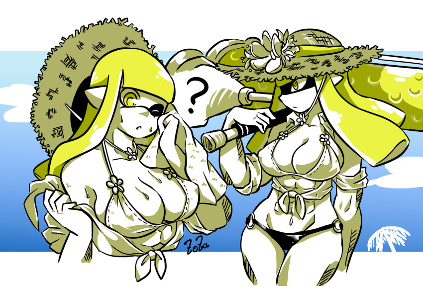 ;o ? abs artist_name bikini blonde_hair blunt_bangs blunt_ends breasts cleavage closed_mouth clothes_pull commentary cropped_torso dynamo_roller_(splatoon) female flower frightening_(zoza) front-tie_top frown halterneck hat hat_flower hat_on_back holding holding_towel holding_weapon large_breasts long_hair looking_to_the_side mismatched_bikini multiple_views muscular muscular_female o-ring o-ring_bikini one_eye_closed open_mouth original partially_colored pointy_ears pulling_own_clothes ringed_eyes shirt_pull short_sleeves signature splatoon_(series) straw_hat sun_hat swimsuit symbol-only_commentary tentacle_hair thigh_gap towel weapon wiping_sweat yellow_eyes zoza