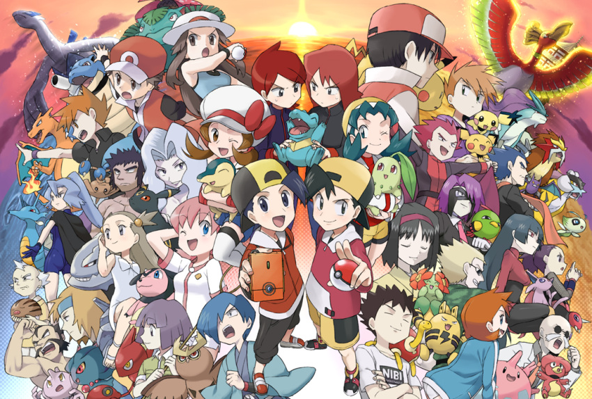 6+boys 6+girls alternate_costume ariados ball baseball_cap bell_tower_(pokemon) bellossom black_hair blaine_(pokemon) blastoise blue_eyes blue_hair blue_oak brock_(pokemon) brown_hair bruno_(pokemon) bugsy_(pokemon) butterfly_net celebi charizard chikorita chuck_(pokemon) clair_(pokemon) closed_eyes clothes_writing cloud commentary_request corsola crobat cyndaquil dual_persona dusk elekid entei erika_(pokemon) espeon ethan_(pokemon) everyone facial_hair falkner_(pokemon) flame-tipped_tail hand_net hat hat_ribbon hitmontop ho-oh holding holding_ball holding_poke_ball holding_pokedex holding_pokemon in-franchise_crossover janine_(pokemon) japanese_clothes jasmine_(pokemon) karen_(pokemon) kasumi_(pokemon) kimono kingdra koga_(pokemon) koma_yoichi kris_(pokemon) lance_(pokemon) leaf_(pokemon) long_hair lugia lyra_(pokemon) magby mask miltank misdreavus morty_(pokemon) moustache multiple_boys multiple_girls natu noctowl ocean old old_man on_shoulder one_eye_closed panties pantyshot pichu pikachu pikachu-colored_pichu pink_hair poke_ball poke_ball_(basic) pokedex pokemon pokemon_(anime) pokemon_(creature) pokemon_frlg pokemon_gsc pokemon_hgss pokemon_on_shoulder pokemon_rgby pryce_(pokemon) purple_hair raikou red_(pokemon) red_hair red_ribbon red_scarf ribbon sabrina_(pokemon) scarf scizor short_hair shuckle silver_(pokemon) smile spiky-eared_pichu standing steelix suicune sun sunglasses sunset surge_(pokemon) swinub topless_male totodile twintails two_side_up tyrogue umbreon underwear venusaur water white_hair white_headwear whitney_(pokemon) will_(pokemon)