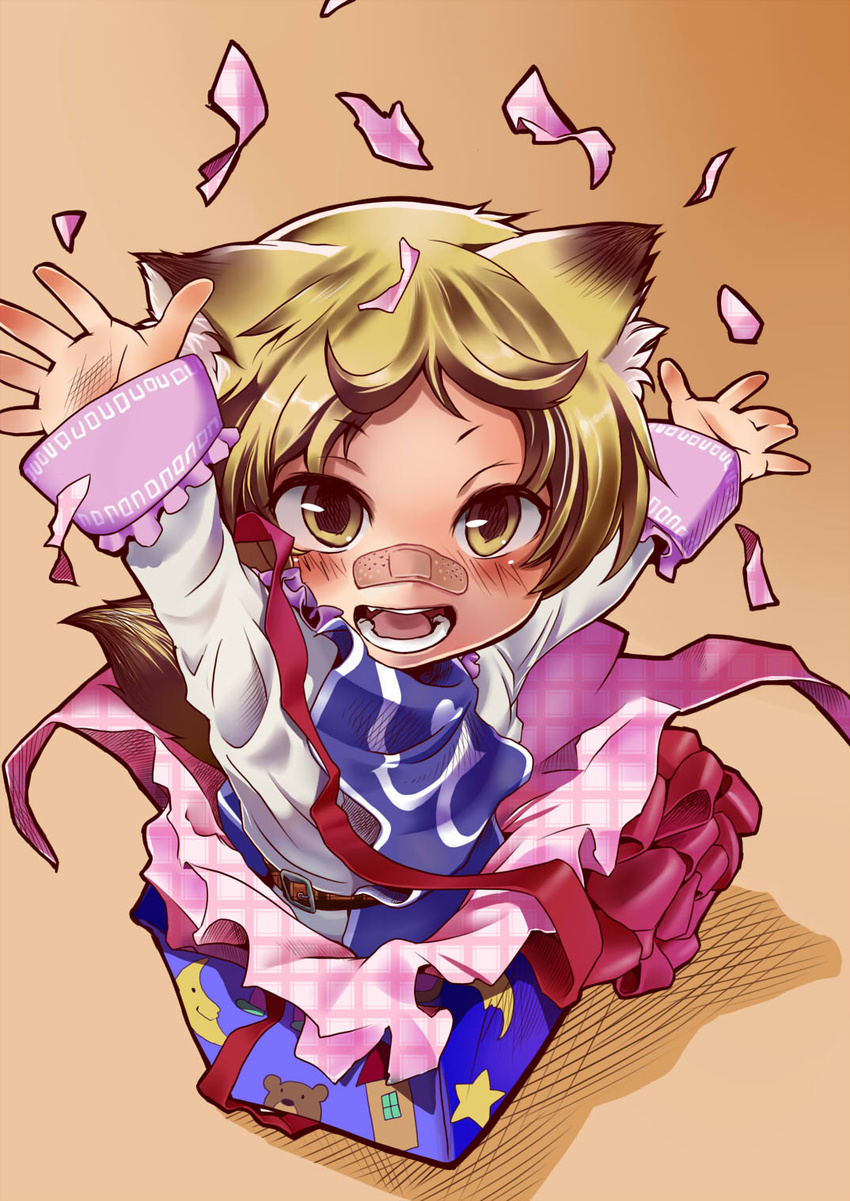 aged_down animal_ears arms_up bandaid bandaid_on_face bandaid_on_nose belt blonde_hair blush box chibi commentary_request dress female fox_ears fox_tail gift gift_box ginjuuji highres in_box in_container open_mouth ribbon short_hair smile solo tabard tail touhou white_dress yakumo_ran yellow_eyes