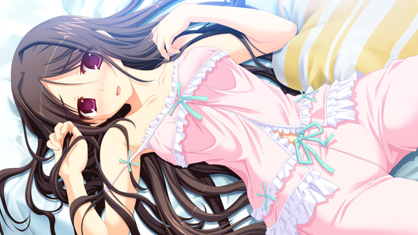 :o ama_ane bed_sheet blush brown_hair collarbone covered_nipples female game_cg kikurage_(plastic_people) long_hair lying off_shoulder on_back pajamas pillow pink_pajamas purple_eyes solo yashima_otome