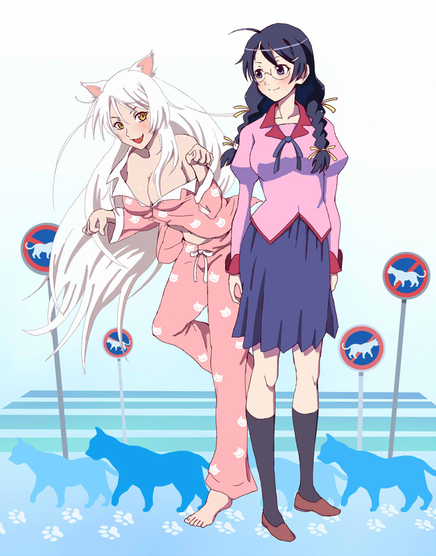 2girls animal_ears bakemonogatari barefoot black_eyes black_hair black_hanekawa braid breasts cat_ears cleavage commentary_request dual_persona feline glasses hanekawa_tsubasa highres juliet_sleeves long_hair long_sleeves medium_breasts monogatari_(series) multiple_girls naoetsu_high_school_uniform nekomonogatari oerba_yun_fang off_shoulder otsukemono pajamas paw_print puffy_sleeves school_uniform sign silhouette twin_braids twintails very_long_hair white_hair yellow_eyes