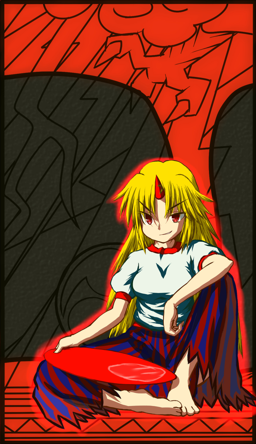 blonde_hair breasts commentary_request female highres horns hoshiguma_yuugi long_hair medium_breasts r-18_jii red_eyes single_horn solo touhou