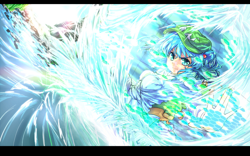 blue_eyes blue_hair commentary_request female hair_bobbles hair_ornament hat kawashiro_nitori letterboxed r-18_jii smile solo touhou two_side_up