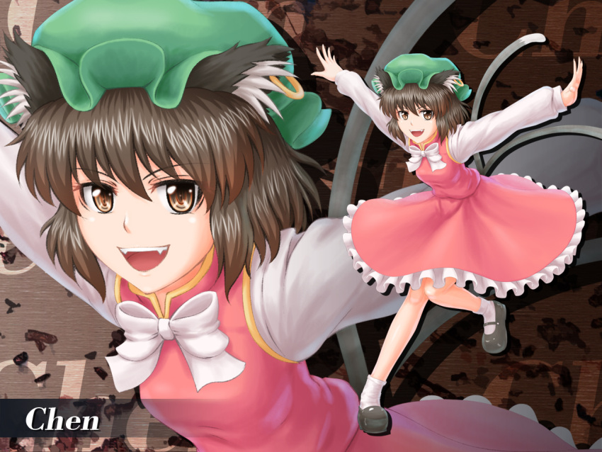 animal_ears bow brown_eyes brown_hair cat_ears cat_tail character_name chen commentary_request earrings fangs female hat jewelry mary_janes multiple_tails nazal nekomata open_mouth outstretched_arms photoshop_(medium) shirt shoes short_hair skirt skirt_set smile socks solo spread_arms tail touhou vest white_socks zoom_layer