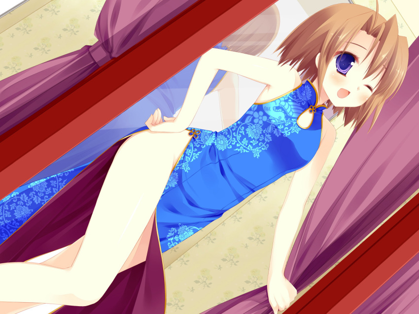 brown_hair chinese_dress game_cg kicking_horse_rhapsody miyasu_risa short_hair tsuji_shino wink