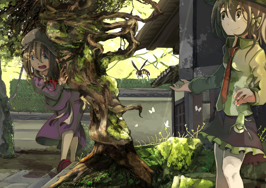 2girls bad_id bad_pixiv_id blonde_hair blue_eyes brown_eyes brown_hair bug building butterfly dress frog hair_ornament hat hiding highres kyoto leaf maribel_hearn multiple_girls necktie purple_dress real_world_location ribbon skirt tokoroten_(hmmuk) touhou tree usami_renko wasp