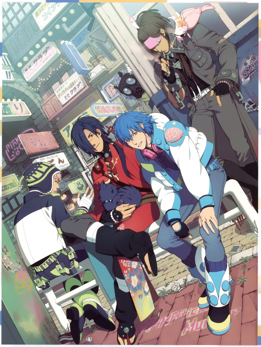 5boys absurdres anger_vein badge bandages barbell_piercing belt beni_(dramatical_murder) bird black_hair blonde_hair blue_hair boots bracelet braid brown_hair buckle building button_badge can canine chains cigar cigarette_butt cigarette_pack clear_(dramatical_murder) crossed_legs cube denim dramatical_murder dreadlocks drink_can eyepatch feather_hair_ornament feathers fingerless_gloves floral_print flower_pot gas_mask gloves graffiti grin hair_ornament hair_over_one_eye hand_in_pocket hand_on_own_knee hands_in_pockets hat headband headphones headphones_around_neck highres honya_lala hood hooded_jacket jacket japanese_clothes jeans jewelry kimono kiseru koujaku lip_piercing long_coat long_hair looking_at_another looking_at_viewer looking_back major_mitchell's_cockatoo male_focus mask mink_(dramatical_murder) multiple_boys muscular neon_lights nitro+_chiral noiz_(dramatical_murder) official_art outdoors pants parrot photoshop_(medium) piercing ponytail railing ren_(dramatical_murder) sandals scar scarf seragaki_aoba shirt sign single_glove sitting smile smoking smoking_pipe soda_can sparrow standing studded_belt studded_bracelet t-shirt tassel tori_(dramatical_murder) torn_clothes white_hair yellow_eyes