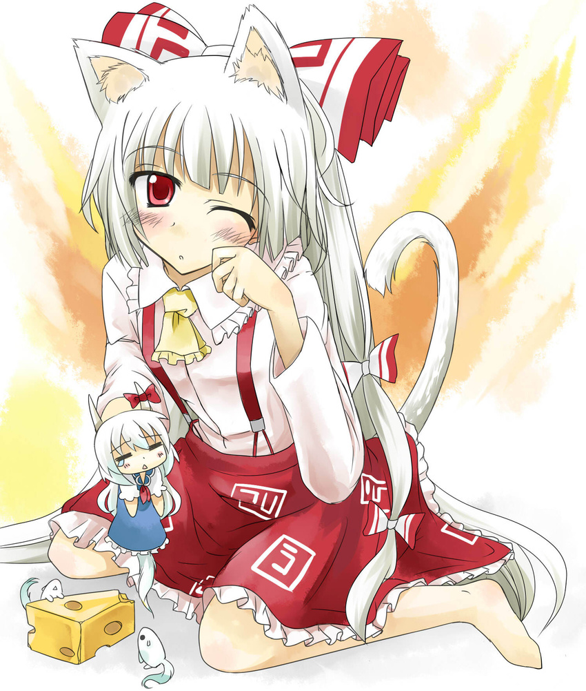 2girls =_= adapted_costume blush cheese colorized commentary_request ex-keine food fujiwara_no_mokou highres horn_ornament horn_ribbon horns kamishirasawa_keine kemonomimi_mode long_hair mouse_(animal) multiple_girls pakuchii red_eyes ribbon tail teardrop touhou very_long_hair yuuma_(noel)