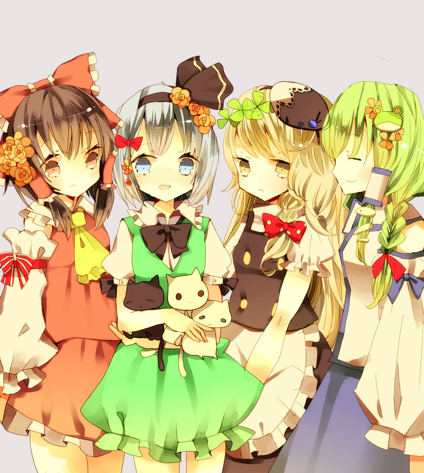 4girls alternate_headwear apron ascot blonde_hair blue_eyes bow braid brown_eyes brown_hair cha_goma closed_eyes commentary_request detached_sleeves feline flower frog grey_hair hair_flower hair_ornament hair_ribbon hair_tubes hairbow hakurei_reimu highres kirisame_marisa kochiya_sanae konpaku_youmu multiple_girls open_mouth ribbon shirt skirt skirt_set smile snake touhou vest yellow_eyes