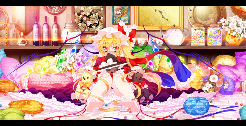 ankle_cuffs balance_scale bare_legs barefoot bed blonde_hair bloomers blush bottle bow bowtie brooch candle character_doll commentary_request cup dress female flandre_scarlet flower goriyaku hands_on_own_knees hat hat_bow indoors jar jewelry kirisame_marisa letterboxed long_hair marble_(toy) photoshop_(medium) picture_frame pillow red_eyes remilia_scarlet ribbon scarf shield side_ponytail sitting solo stuffed_animal stuffed_toy teacup teapot teddy_bear touhou underwear very_long_hair weighing_scale wings witch_hat wrist_cuffs