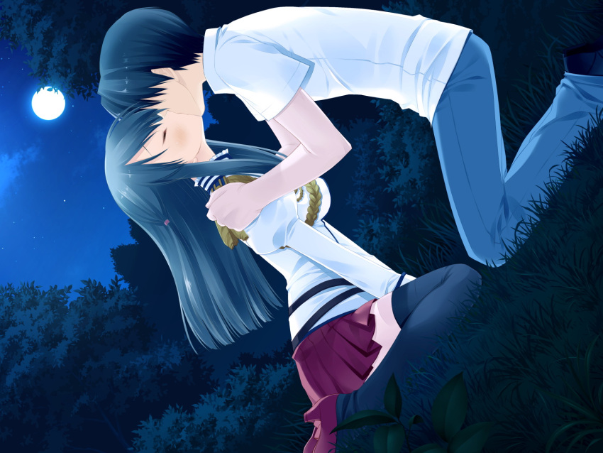 black_hair game_cg kicking_horse_rhapsody kissing miyasu_risa moon night seifuku seritsumu_hijiri thighhighs