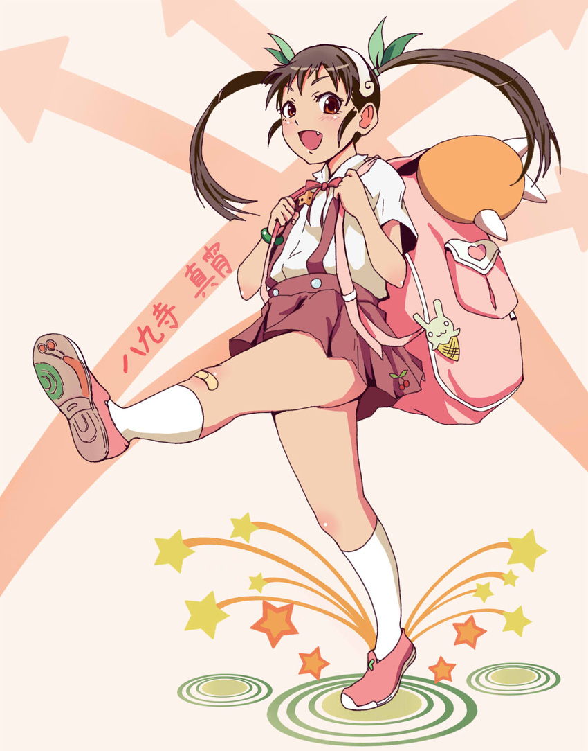 backpack bag bakemonogatari bandaid bandaid_on_knee bandaid_on_leg black_hair brown_eyes commentary_request female green_ribbons hachikuji_mayoi hair_ribbon highres long_hair marching monogatari_(series) otsukemono ribbon skirt solo suspender_skirt suspenders twintails