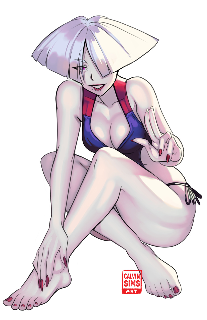 1girls a.k.i. albino art bikini calvin_sims_art calvinsims capcom cleavage female female_only fully_clothed legs pinup pinup_pose solo street_fighter street_fighter_6 twitter watermark white_background white_hair_female