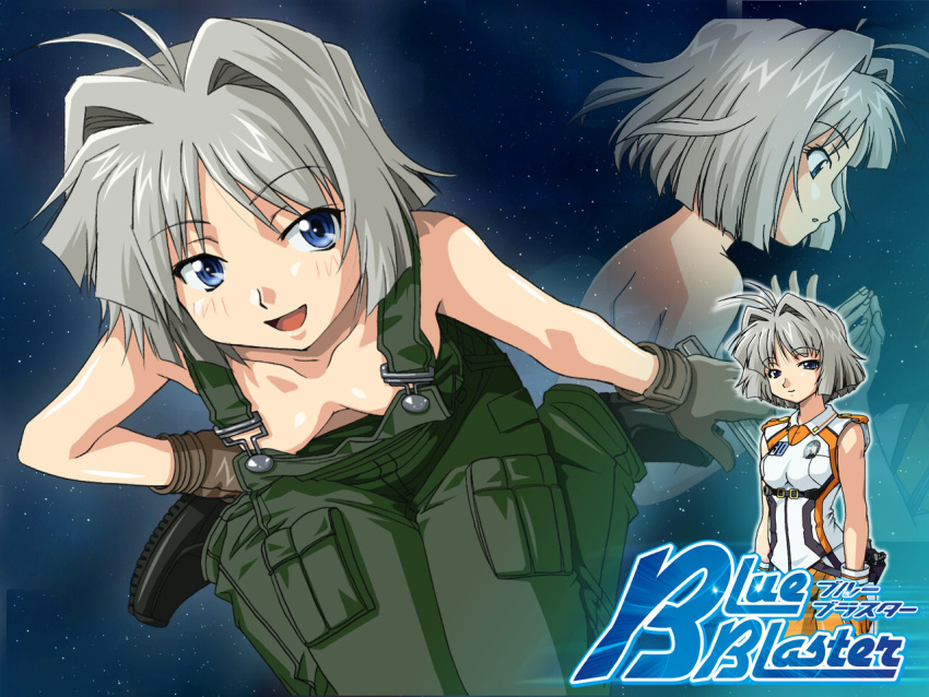 antenna_hair blue_blaster blue_eyes blush breasts downblouse female gloves green_overalls grey_hair hand_on_own_hip naked_overalls no_bra overalls patricia_mcginear short_hair sitting small_breasts smile solo space uniform uon_taraku