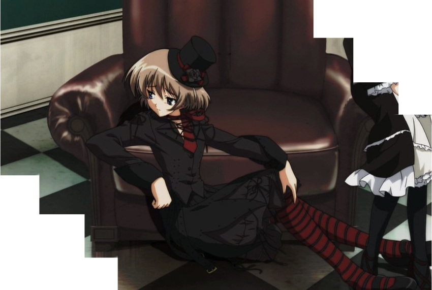 anime_screenshot belt black_dress brown_hair dress female frills goth_fashion hat lace myself_yourself necktie ribbon short_hair skirt stitched third-party_edit wakatsuki_shuri