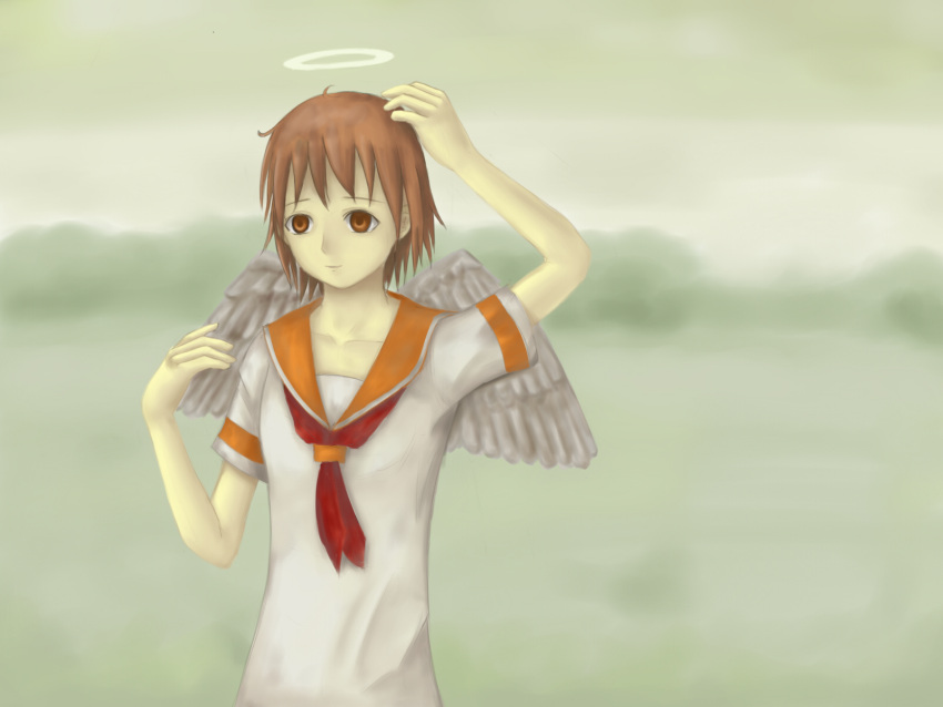 angel bad_id bad_pixiv_id brown_eyes brown_hair female haibane_renmei halo highres kuma_panda messy_hair neckerchief orange_sailor_collar rakka_(haibane) red_neckerchief sailor_collar short_hair solo static_cling wings