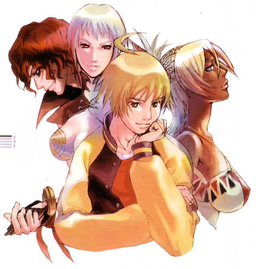 2boys 2girls absurdres artist_request blonde_hair blue_eyes breasts dark_skin hair_ornament highres johnny_garland killer_(shadow_hearts) lady_(shadow_hearts) medium_breasts multiple_boys multiple_girls official_art photoshop_(medium) red_eyes red_hair scan shadow_hearts shadow_hearts_from_the_new_world shania short_hair white_hair