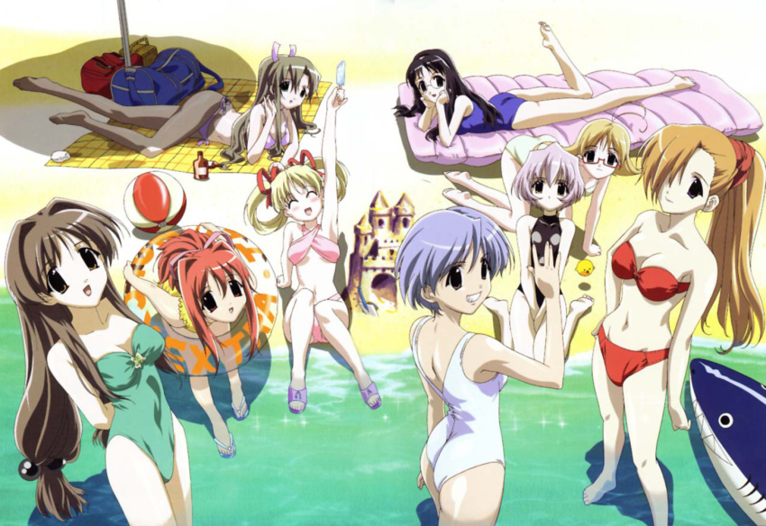 6+girls all_fours antenna_hair artist_request ball beach beachball bent_over bikini black_hair blonde_hair blue_hair brown_eyes brown_hair closed_eyes food glasses gokajou_satsuki happy_lesson ichimonji_mutsuki innertube kneeling long_hair lying multiple_girls nanakorobi_fumitsuki ninomai_kisaragi photoshop_(medium) ponytail popsicle red_eyes red_hair ribbon rokumatsuri_minazuki sanzen'in_yayoi shitenno_uzuki short_hair silver_hair sitting smile swim_ring swimsuit togakushi_kanna towel umbrella yazakura_hazuki