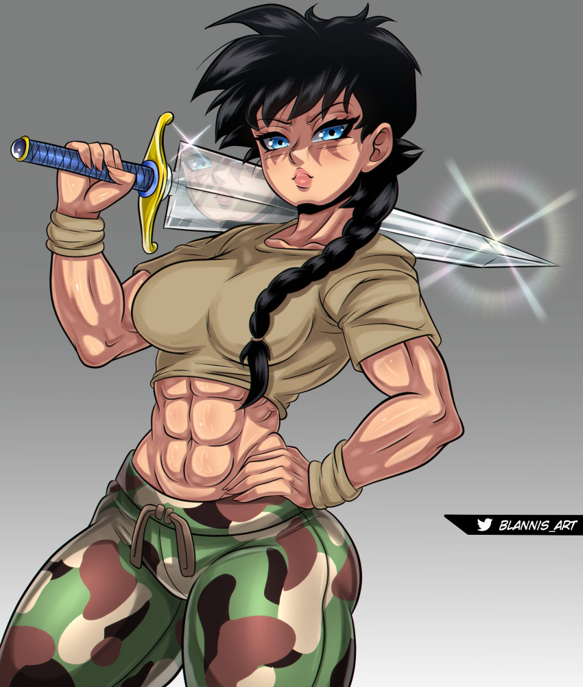 1girls abs athletic_female black_hair blannis_art blue_hair dragon_ball dragon_ball_multiverse dragon_ball_z fit_female looking_at_viewer medium_breasts military_pants muscular_arms muscular_female navel ponytail six_pack sword tomboy videl