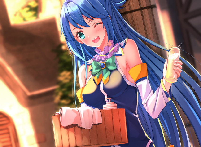 aqua_(kono_subarashii_sekai_ni_shukufuku_wo!) aqua_eyes blue_hair blush bow cropped drink kono_subarashii_sekai_ni_shukufuku_wo! long_hair swordsouls wink