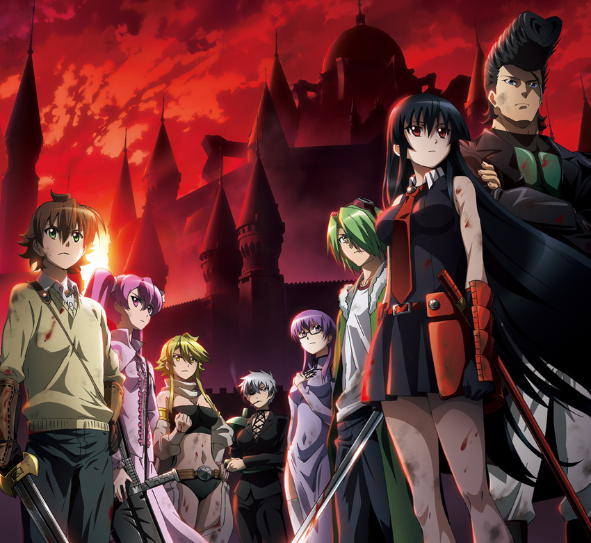 3boys 5girls akame_(akame_ga_kill!) akame_ga_kill! black_hair blonde_hair blue_eyes brown_hair bulat crossed_arms dress eyepatch glasses goggles goggles_on_head green_eyes green_hair katana leone_(akame_ga_kill!) long_hair lubbock midriff mine_(akame_ga_kill!) multiple_boys multiple_girls najenda_(akame_ga_kill!) navel necktie official_art pompadour purple_eyes purple_hair red_eyes scarf sheele short_hair silver_hair standing strapless sword tatsumi_(akame_ga_kill!) tube_top vambraces very_long_hair weapon yellow_eyes