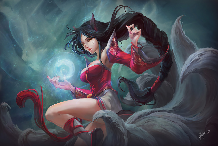 ahri ahri_(league_of_legends) animal_ears artist_name black_hair braids fox_ears fox_tail foxgirl league_of_legends mujia_liao multiple_tails pointed_ears pointy_ears signed tail yellow_eyes