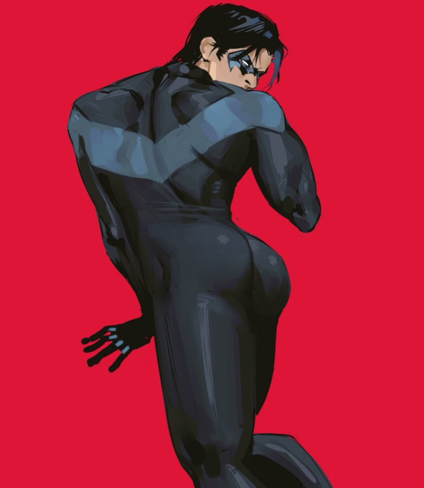 1boy back_view batman_(series) black_hair bodysuit bubble_butt dc dc_comics dick_grayson fully_clothed highres latex latex_suit lkikai looking_back looking_back_at_viewer male male_focus male_only mask masked_male muscles muscular muscular_ass muscular_back muscular_male muscular_thighs nightwing short_hair simple_background solo solo_focus solo_male tight_clothing tight_fit uncensored