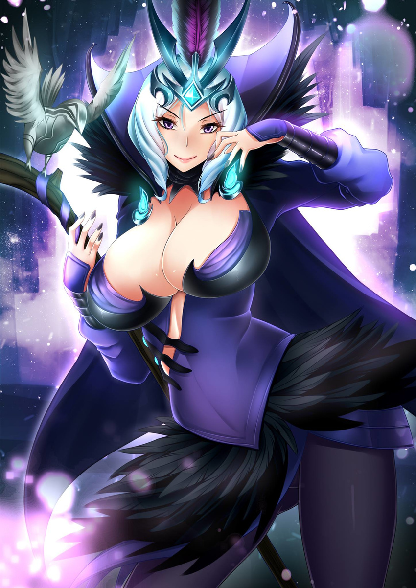 alternate_costume breasts commentary_request female highres large_breasts league_of_legends leblanc_(league_of_legends) looking_at_viewer megatama pantyhose purple_eyes ravenborn_leblanc short_hair smile solo staff white_hair