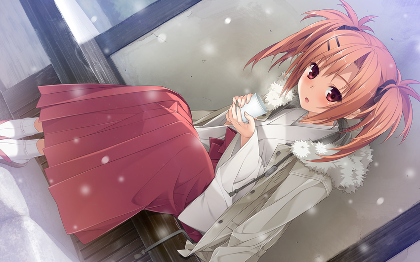 blush drink hashimoto_takashi hoodie imouto_no_katachi japanese_clothes long_hair miko orange_hair red_eyes snow socks sumeragi_ayaka twintails