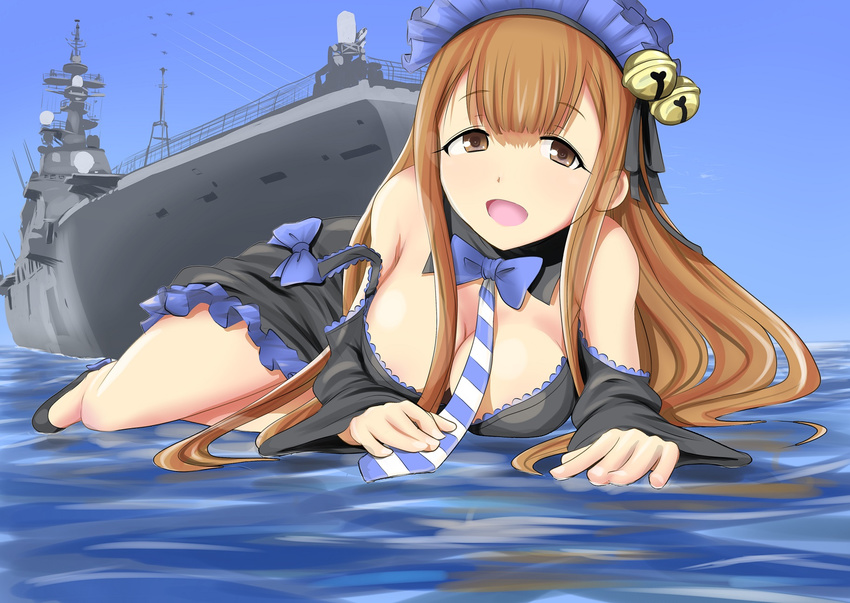 aoki_hagane_no_arpeggio bare_shoulders bell black_dress blue_ribbon breasts brown_eyes brown_hair cleavage commentary_request dress female highres ise_(aoki_hagane_no_arpeggio) ise_(jmsdf) jingle_bell ju_(old505) large_breasts long_hair looking_at_viewer lying military military_vehicle necktie ocean off_shoulder open_mouth outdoors ribbon ship solo vehicle_and_personification warship watercraft