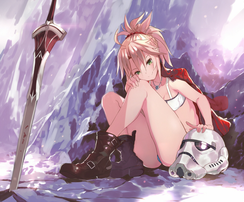 blonde_hair boots breasts cleavage fate/apocrypha fate/grand_order fate/stay_night green_eyes mordred necklace ponytail star_wars sword tokopi weapon