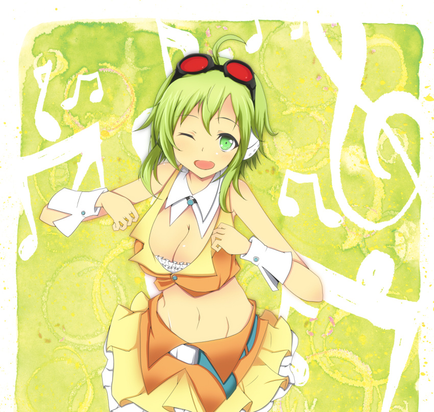 ahoge bad_id bad_pixiv_id bare_shoulders beamed_eighth_notes blush body_blush breasts cleavage commentary_request crop_top eighth_note female goggles goggles_on_head green_eyes green_hair gumi highres large_breasts looking_at_viewer midriff musical_note navel one_eye_closed open_mouth red-tinted_eyewear short_hair skirt smile solo suu2510 tinted_eyewear treble_clef vocaloid wrist_cuffs