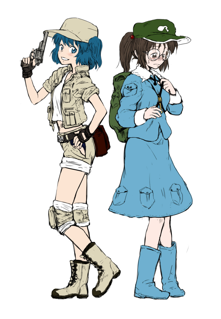 2girls blue_hair blush boots brown_hair commentary_request cosplay costume_switch dokuromaru fingerless_gloves fio_germi glasses gloves gun handgun highres kawashiro_nitori key metal_slug multiple_girls revolver rubber_boots short_hair short_shorts shorts simple_background skirt skirt_set sleeves_rolled_up smile snk touhou trigger_discipline two_side_up weapon white_background