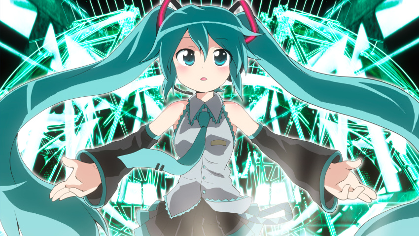 aqua_eyes aqua_hair bare_shoulders detached_sleeves female hatsune_miku highres long_hair massala necktie open_mouth outstretched_arms skirt solo spread_arms twintails very_long_hair vocaloid