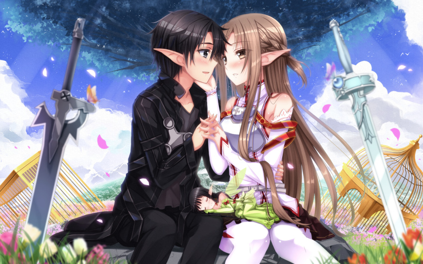 1boy alternate_ears armor asuna_(sao) bad_id bad_pixiv_id bare_shoulders birdcage black_eyes black_hair blush breastplate brown_hair bug butterfly cage closed_eyes cloud couple day detached_sleeves elf elucidator fairy_wings female flower giant_tree highres holding_hands imminent_kiss interlocked_fingers kirito knights_of_blood_uniform_(sao) lambent_light long_hair petals planted planted_sword pointy_ears rapier short_hair sitting sky sleeping straight sword sword_art_online swordsouls thighhighs tree unsheathed very_long_hair weapon white_armor wings yggdrasil_(sao) yui_(sao) yui_(sao-alo)