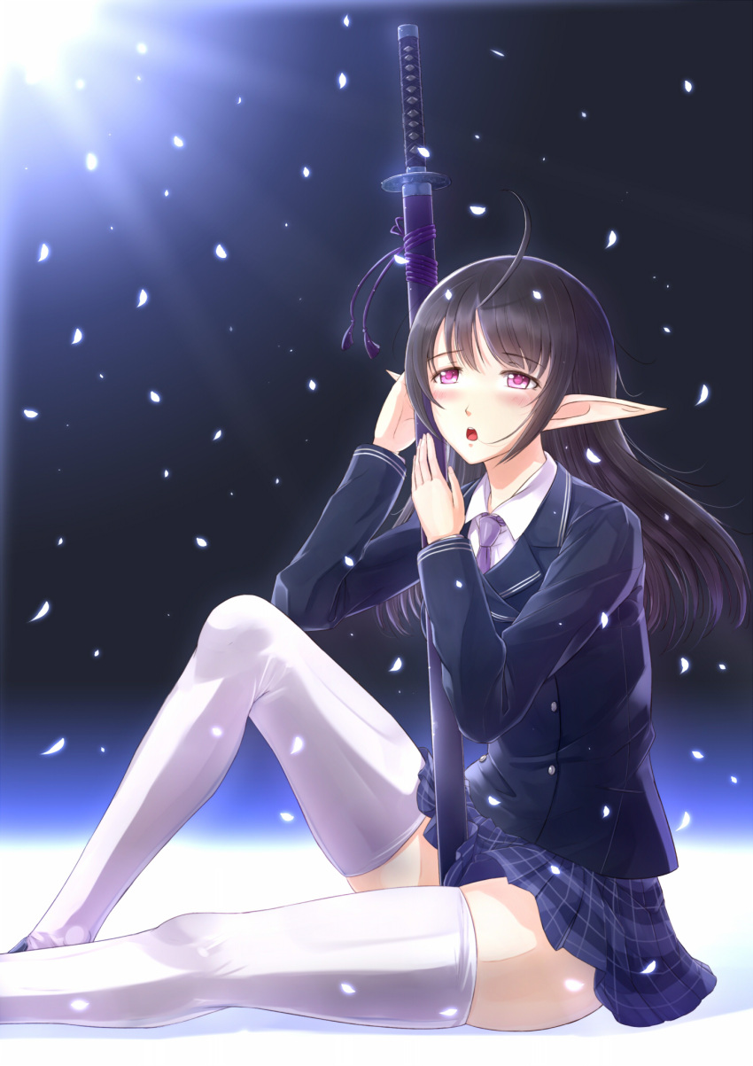 black_hair commentary_request female highres kazeno long_hair pointy_ears purple_eyes school_uniform shining_(series) shining_wind sitting solo sword thighhighs weapon xecty_ein